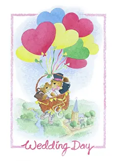 Teddies: Teddies in basket with heart shaped balloons
