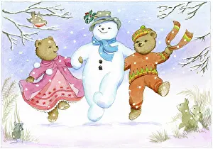 Keeble: Two teddies dancing with a snowman
