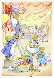 Teddies: Teddies putting up Birthday decorations