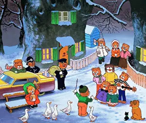 Teddies in winter scene