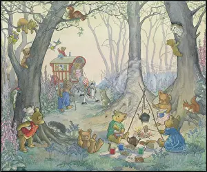 Teddies: Teddy Bear Camp - teddies with camp fire, caravan etc