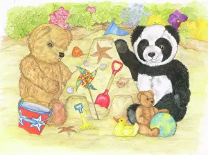Sturdy: Teddy Bear and Panda playing in a sandpit
