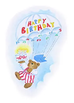 Parachuting: Teddy bear parachuting holding cake