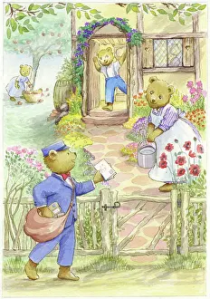 Keeble: Teddy bear postman at the garden gate