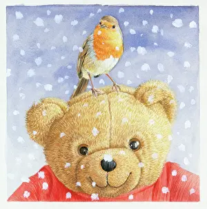 Bordewich: Teddy bear with robin on its head in the snow