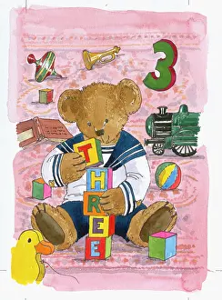 Crossland: Teddy Bear with tower of blocks to spell out three