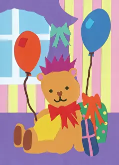 Teddy Bear wearing a party hat with two balloons and two g
