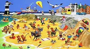 Sandcastle: Teddy bears on the beach