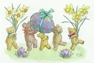 Five teddy bears with daffodils and Easter egg