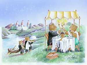Waiters: Two teddy bears dining on a river bank