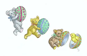 Three teddy bears holding Easter eggs