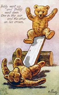 Improvised: Two teddy bears playing on a seesaw