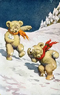 Scarves: Two teddy bears playing with snowballs