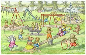 Swings: Teddy Bear's Playtime - teddies on see-saw, swings, slide e