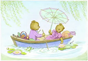 Waterlilies: Teddy bears in a rowing boat with picnic