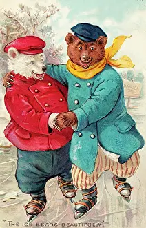 Two teddy bears skating on a Christmas postcard
