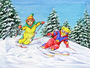 Downhill: Two Teddy Bears Skiing
