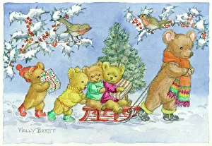 Medici Society (molly Brett): Five teddy bears with sledge and two robins
