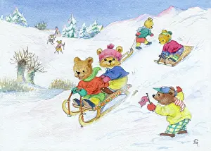 Sledging: Four teddy bears sledging