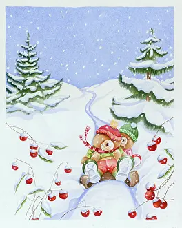 Sledging: Two Teddy Bears Sledging down a hill with snow falling