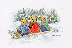 Toboggan: Three teddy bears on a toboggan