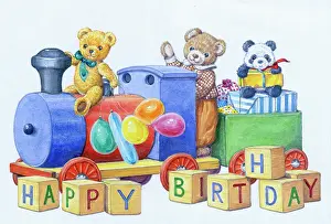 Spelled: Teddy bears with toy train, balloons, presents