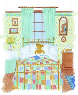 Quilt: Teddy in bed with patchwork quilt