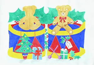 Brookshaw: Teddy and Drum with holly, presents, Christmas tree