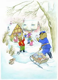 Teddies: Teddy Postman and cottages in the snow