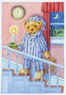 Meta: Teddy on stairs in pyjamas off to bed with teddy