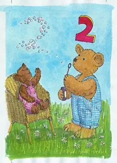 Crossland: Two Teddys, one Blowing Bubbles to form the shape of 2