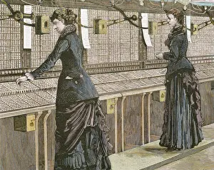 Telecommunication: Telephone central office. Switching room and telephonists. M
