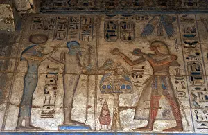 Deities: Temple of Ramses III. The pharaoh making offerings before go