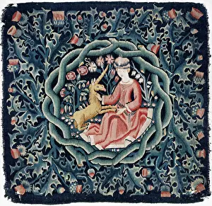 Unicorns: textile / fabric, pillowcase Die Jungfrau mit