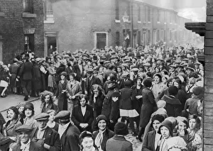 Strikers: Textile workers strike in Blackburn, England, 1932