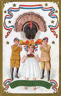 Squash: Thanksgiving Card - USA - Bringing in the Turkey