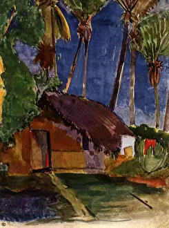 Tahitian: Thatched Hut under Palm Trees, by Gauguin