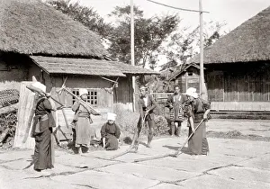 Flails: Theshing grain with flails, Japan, c.1880's