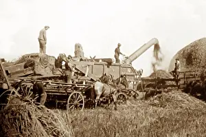 Haymaking: Theshing machine in Manitoba, Canada, Victorian period