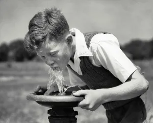 Refreshed: Thirsty Boy with Freckles Drinking from Public