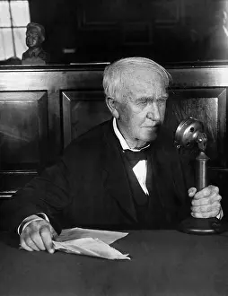 Simultaneously: Thomas Alva Edison with a microphone, 1930