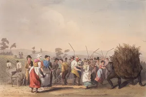 1814: Threshing Rape. Women threshing rape with flails