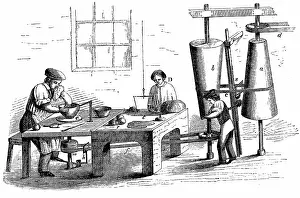 Lowering: Throwing an earthenware vessel. Belt-driven wheel