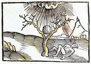 Encyclopaedia: Thunderbolt or lightning, 1508. Man sheltering