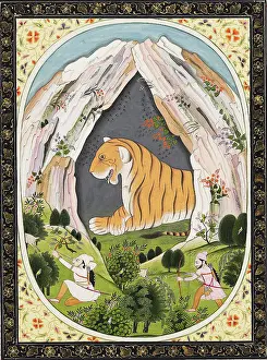 Kangra: Tiger in a cave with hunters in the foreground