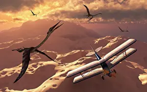 Quetzalcoatlus: A Tiger Moth biplane passes through a flock of ?
