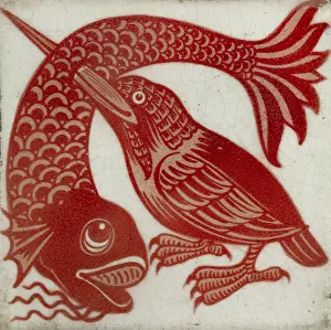 Kingfishers: Tile with kingfisher with beak through fish