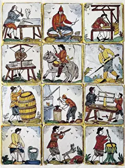 Carding: Tile representation of handicrafts. Catalan school