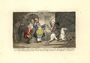 Miseries: Tipsy man riding a horse facing the tail