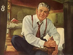 Tired Businessman prepares to Sleep on Train